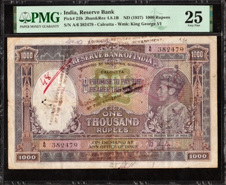 PMG Graded Extremely Rare One Thousand Rupees Banknote of  King George VI Signed by J B Taylor of 1938 of Calcutta Circle.