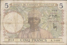 5 Francs (Cinq Francs) Paper Money of French West Africa.