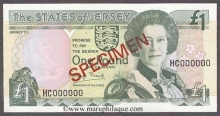 Paper money of Jersey of Specimen 1 pound of 1992 issued.