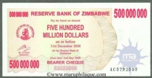 Paper Money of Zimbabwe, 500 Million Dollars of 2008 issued.