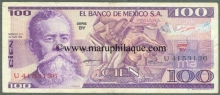 Paper Money of Mexico of 100 Pesos of 1974  issued.