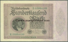 Paper money of Germany of 100000 Mark of 1923 issued.