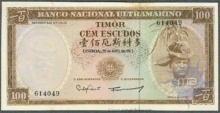 Paper Money of Timor of 100 Escudos of 1963 issued. 