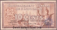 Paper money of Indo China of 10 Cents of 1939 issued. 