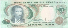 Paper money of Philippi0ans of 5 Piso.