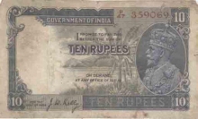 Bank Note of Ten Rupees of King George V.