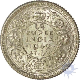 Silver Quarter Rupee of King George VI of Calcutta Mint of 1942.