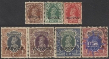 1937. Complet Set 'SERVICE' 131/2mm on anna values and 191/2 mm on rupee value, 1/2 Anna, Nine pies, One anna, 1, 2,5,10 Rupees, (Phila India# S143 TO 149).