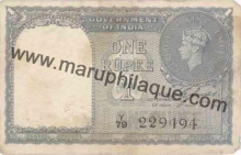 One Rupee Bank Note of King George VI of India.