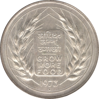 UNC Silver Ten Rupees Coin of Grow More Food of Bombay Mint of 1973.