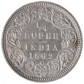 Silver Quarter Rupee Coin of Victoria Queen of Calcutta Mint of 1862.