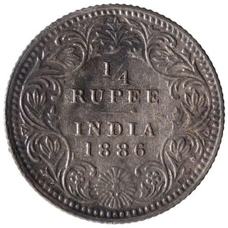 Silver Quarter Rupee Coin of Victoria Empress of Calcutta Mint of 1886.