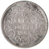 Silver Quarter Rupee Coin of Victoria Queen of Bombay Mint of 1862.