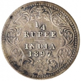 Silver Quarter Rupee of Victoria Empress of Calcutta Mint of 1897.