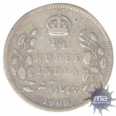 Silver Quarter Rupee of King Edward VII of Calcutta Mint of 1908.