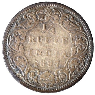 Silver Quarter Rupee Coin of Victoria Empress of Bombay Mint of 1897.