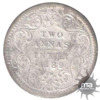 Silver Two Annas Coin of Victoria Empress of Calcutta Mint of 1889.