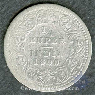 Silver Quarter Rupee of Victoria Empress of Calcutta Mint of 1890.  