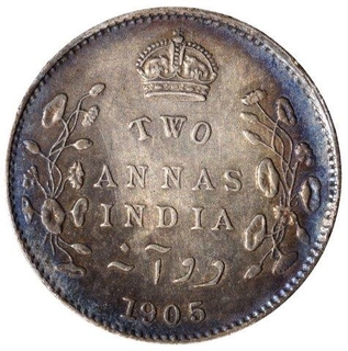 Silver Two Annas Coin of King Edward VII of Calcutta Mint of 1905.