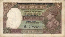 5 Rupees of King George VI signed by J.B.Taylor of Military Administration of Burma Issue.