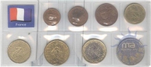 Set of Bi-Metal Coins of One Euro Cent, Two Euro Cent, Five Euro Cent, Ten Euro Cent, One Euro, Two Euro, Twenty Euro Cent, Fifty Euro Cent of France.