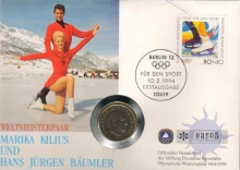 Postal covers of Berlin , 1994, Wrltmeisterpaar, Marika Kilius & Hans Jurgen Baumler, Special Cover With Coin & Stamps with Special Cancellation. Cover, Coin & Stamp on Seal & Fur Den Sports Theme, (Used).