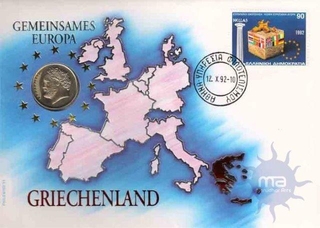 Postal covers of Greece, 1992, Gemeinsames Europa, Special Cover With Coin & Stamps with Special Cancellation. Cover, Coin & Stamp on Seal & Sports Theme, (Used).