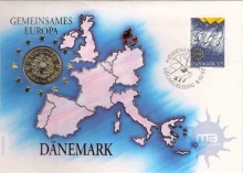 Postal covers of Danemark, 1992, Gemeinsames Europa, Special Cover With Coin & Stamps with Special Cancellation. Cover, Coin & Stamp on Seal & Sports Theme, (Used).