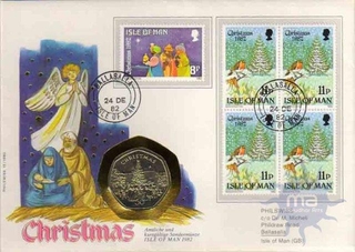 Postal covers of Isle of man, 1982, Christmas,  Special Cover With Coin & Stamps with Special Cancellation. Cover, Coin & Stamp on Seal & Sports Theme, (Used).