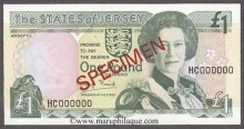 Paper money of Jersey of Specimen 1 pound of 1992 issued.