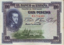 Paper money of Spain of 100 Pesetas of 1925 issued.