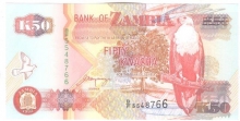 Paper Money of Zambia of 50 Kwacha of 1992 issued.