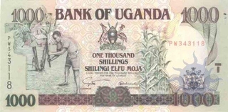 Paper money of Uganda of 1000 Shillings of 2003 issued. 