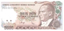 Paper money of Turkey of 5000 Larasi.