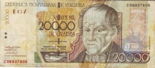 Paper money of Venezuela of 20000 Bolivares of 2001 issued. 