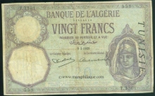 Paper money of Tunisie of 20 Vingt Francs of 1939 issued.