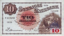 Paper Money of Sweden of 10 Kronor of 1939 Issued.