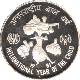 Proof Silver Hundred  Rupees Coin of International Year of Child of Bombay Mint of 1981.