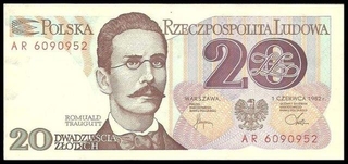 Paper Money of Twenty Zlotych of Czechosloakia of 1982.