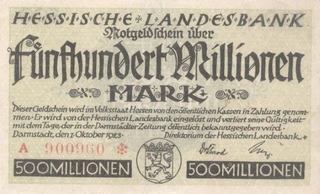 Paper money of Germany of 500 Millionen Mark of 1923 issued.