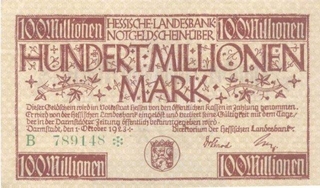 Paper money of Germany of 100 Millionen Mark of 1923 issued.