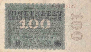 Paper money of Germany of 100 Millionen Mark of 1923 issued.