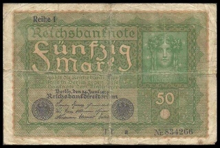 Paper Money of Fifty Mark of Germany of 1919.