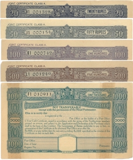 Rare Set of Five Post Office Five Year Cash Certificate of Burma of 1945.