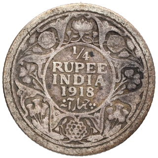 Silver Quarter Rupee Coin of King George V of Calcutta Mint of 1918.