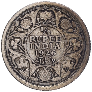 Silver Quarter Rupee Coin of King George V of Calcutta Mint of 1926.