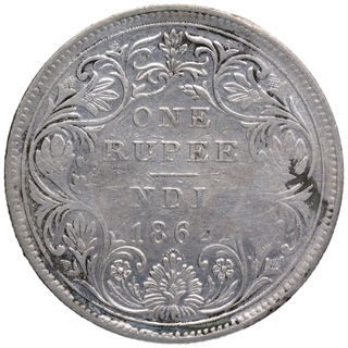 Silver One Rupee Coin of Victoria Queen of Bombay Mint of 1862.