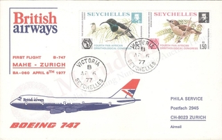 Seychelles First Flight Cover of 1977 on Birds.