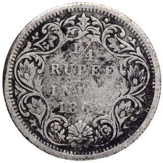 Silver Quarter Rupee Coin of Victoria Queen of Bombay Mint of 1862.