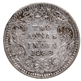 Silver Two Annas Coin of Victoria Empress of Bombay Mint of 1888.